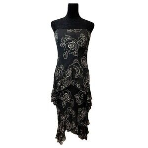 Vintage Y2K Gilar Black 100% Silk Beaded Ruffle Tiered Dress Beaded Size 4